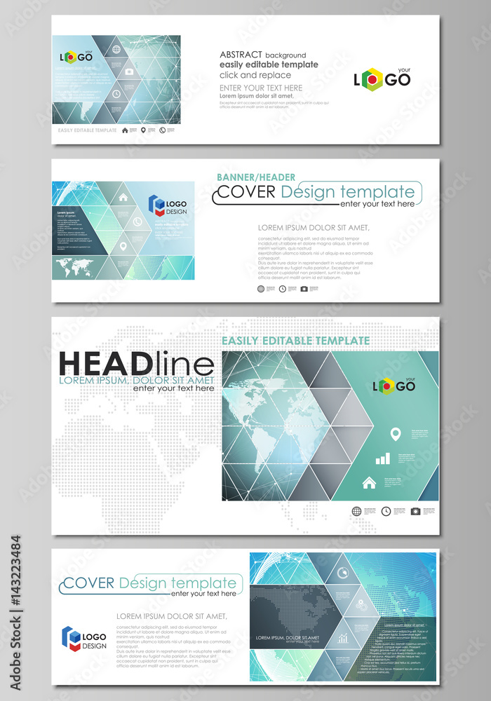 The minimalistic vector illustration of editable layout of social media, email headers, banner design templates in popular formats. Chemistry pattern, molecule structure, geometric design background.