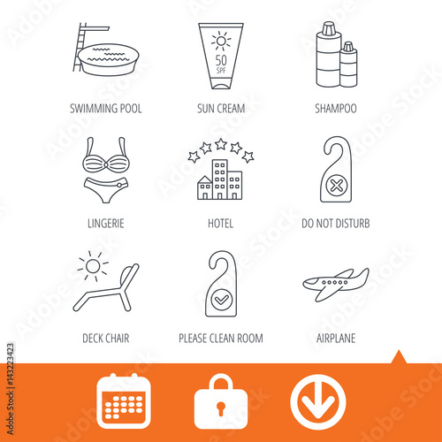 Hotel, swimming pool and beach deck chair icons. Sun cream, do not disturb and clean room linear signs. Shampoo and airplane icons. Download arrow, locker and calendar web icons. Vector