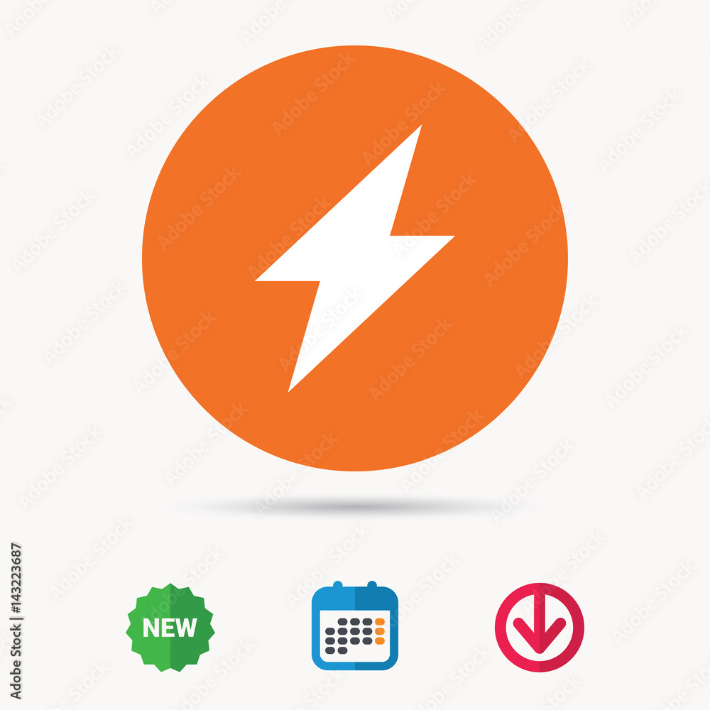 Lightning icon. Electricity energy power symbol. Calendar, download arrow and new tag signs. Colored flat web icons. Vector Lightning icon. Electricity energy power symbol. Calendar, download arrow and new tag signs. Colored flat web icons. Vector