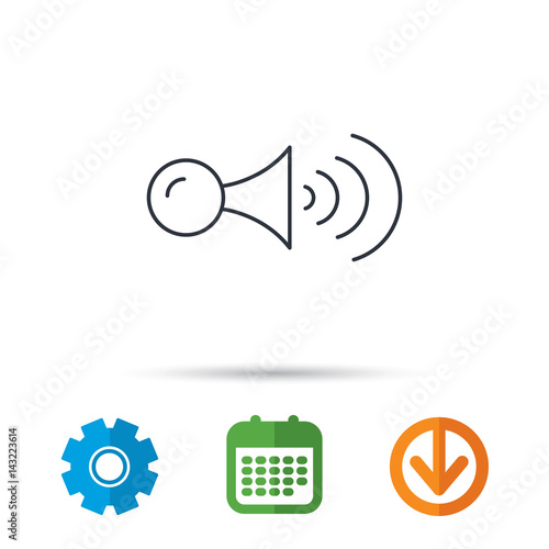Klaxon signal icon. Car horn sign. Calendar, cogwheel and download arrow signs. Colored flat web icons. Vector