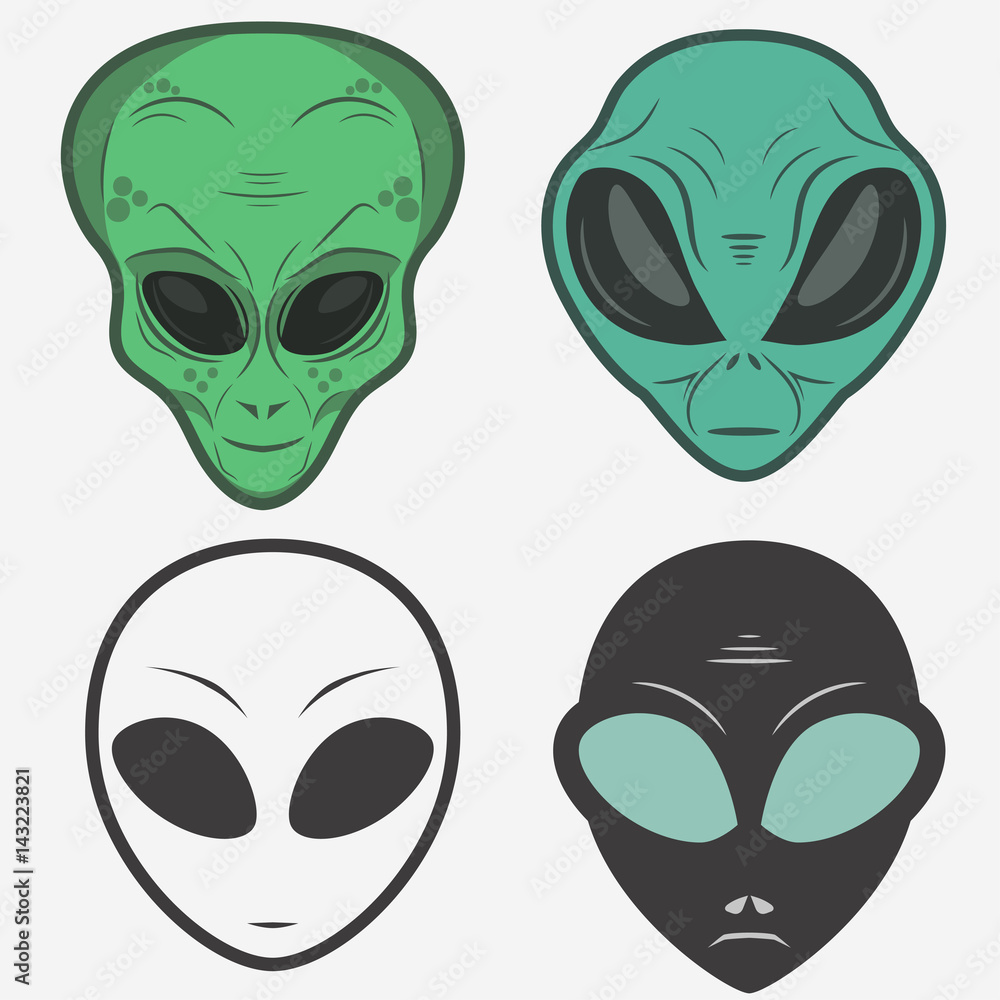 Alien face icon set, humanoid head, vector