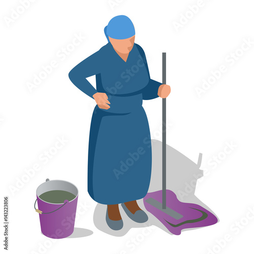 An old woman with a mop in her hand and a bucket is cleaning. Flat isometric vector illustration