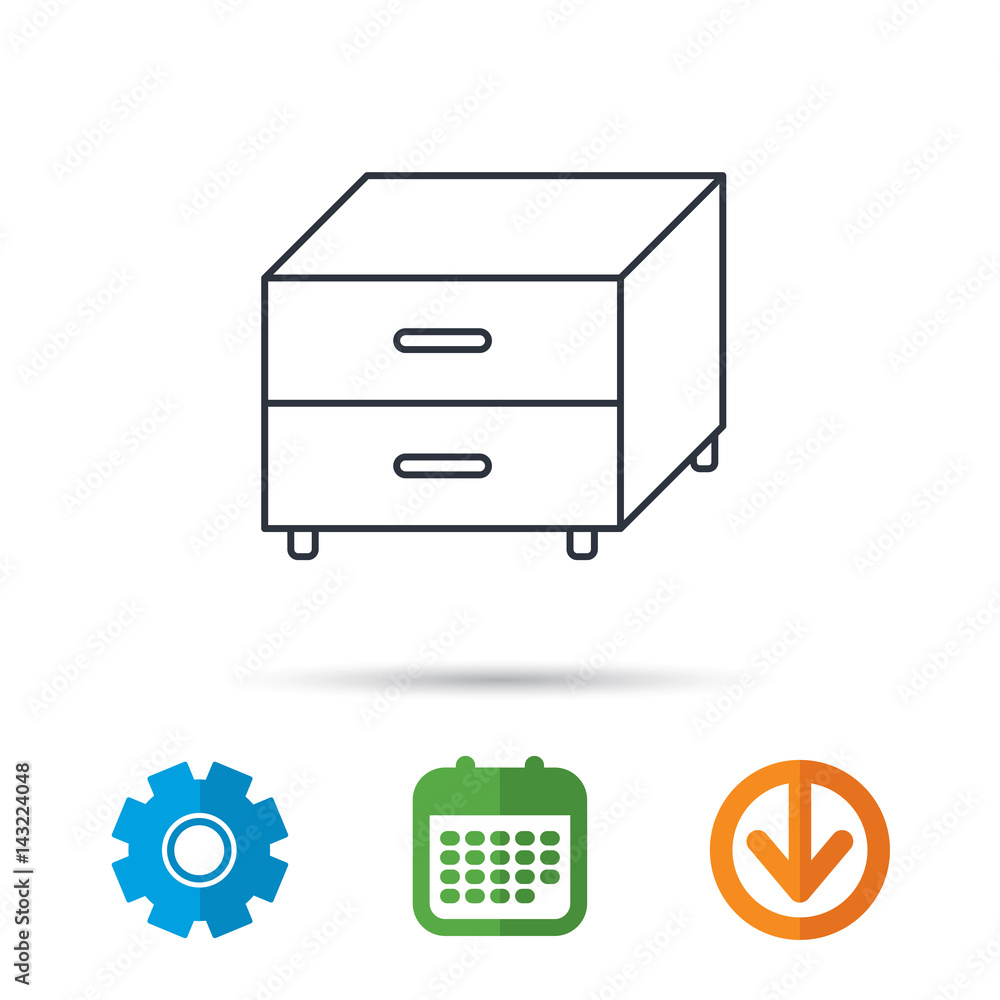 Nightstand icon. Bedroom furniture sign. Calendar, cogwheel and download arrow signs. Colored flat web icons. Vector Nightstand icon. Bedroom furniture sign. Calendar, cogwheel and download arrow signs. Colored flat web icons. Vector