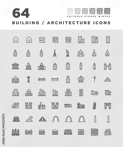64 Building/Architecture icons - Editable stroke widths on individual artboards