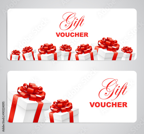 Gift voucher with present boxes with red bow. Holiday cards template set. Vector illustration.