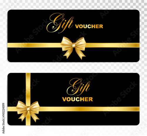 Black gift voucher with gold bow isolated on transparent background. Holiday card template set. Vector illustration.