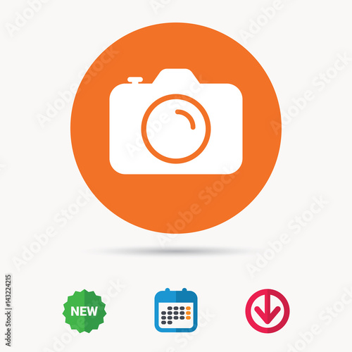 Camera icon. Professional photocamera symbol. Calendar, download arrow and new tag signs. Colored flat web icons. Vector