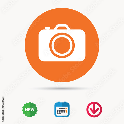 Camera icon. Professional photocamera symbol. Calendar, download arrow and new tag signs. Colored flat web icons. Vector