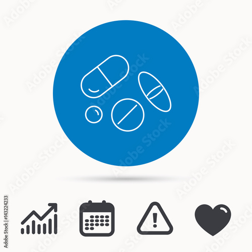 Pills icon. Medicine tablets or drugs sign. Vitamins symbol. Calendar, attention sign and growth chart. Button with web icon. Vector