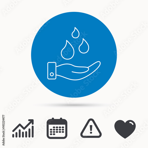 Save water icon. Hand with water drops sign. Ecology environment symbol. Calendar, attention sign and growth chart. Button with web icon. Vector