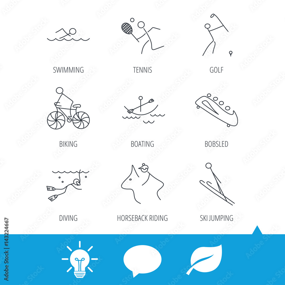 Swimming, tennis and golf icons. Biking, diving and horseback riding linear signs. Ski jumping, boating and bobsleigh icons. Light bulb, speech bubble and leaf web icons. Vector