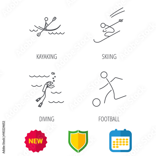 Diving  football and skiing icons. Kayaking linear sign. Shield protection  calendar and new tag web icons. Vector