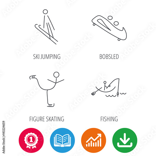 Fishing, figure skating and bobsled icons. Ski jumping linear sign. Award medal, growth chart and opened book web icons. Download arrow. Vector