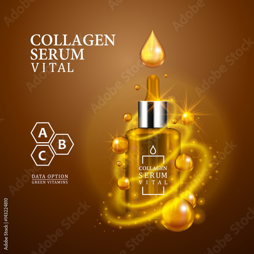 Vital serum golden dropper bottle on light brown background. Realistic bottle view with magic vital drops and glitters. Vitamin formula treatment design. Advertising concept. Vector illustration.