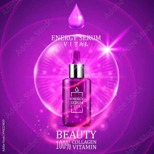 Vital serum dropper bottle on shining purple background. Realistic bottle view with magic vital drops and glitters. Skincare product design. Advertising concept. Vector illustration. 