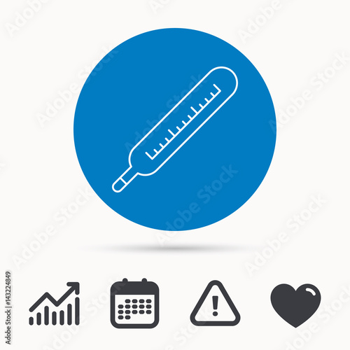 Medical thermometer icon. Temperature measurement sign. Health diagnostic symbol. Calendar, attention sign and growth chart. Button with web icon. Vector