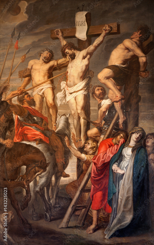 GENT - JUNE 23: Christ on the Cross between two Thieves by Pieter Pauwel Rubens (1619 a.d.) in Saint Peter s church on June 23, 2012 in Gent, Belgium.