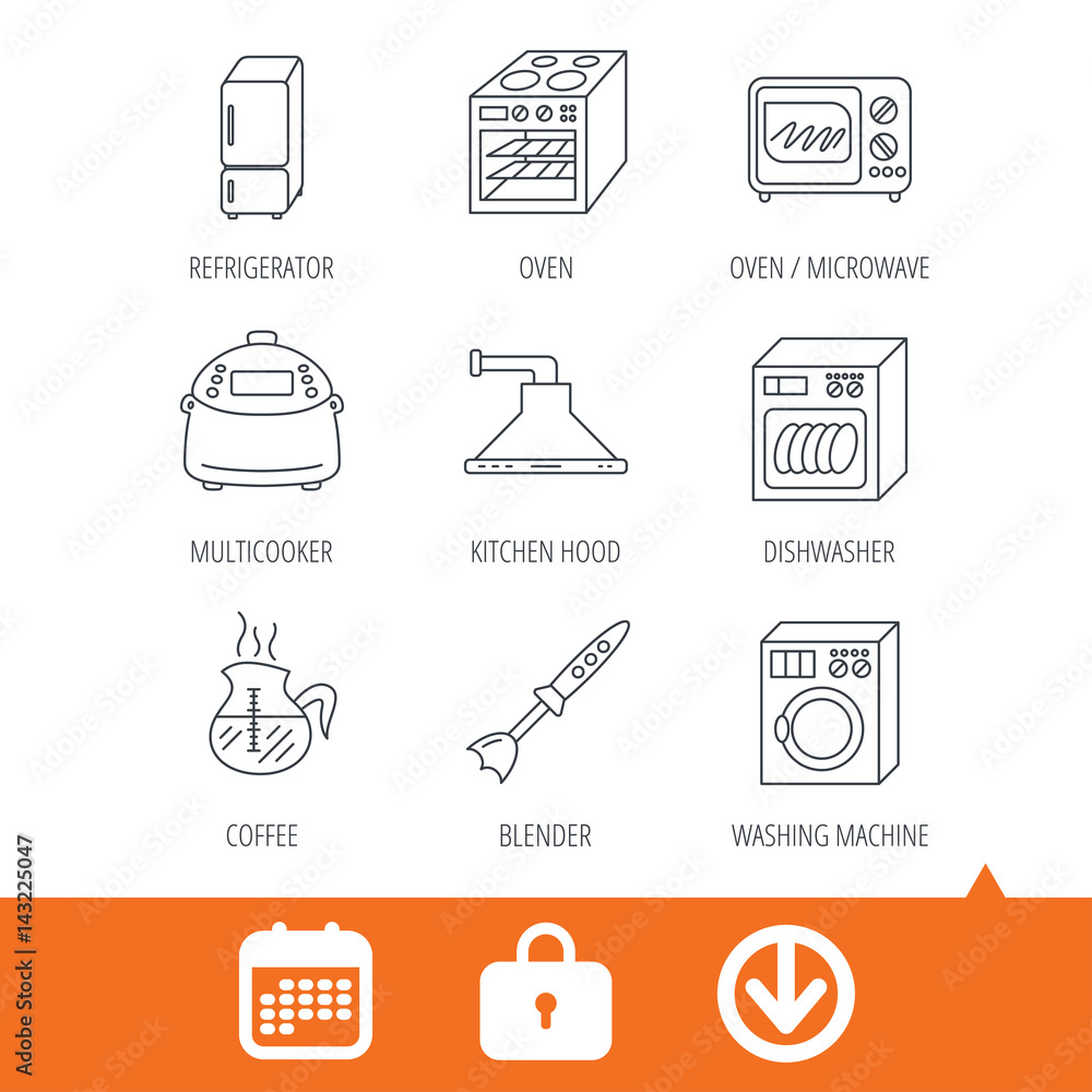 Fototapeta premium Microwave oven, washing machine and blender icons. Refrigerator fridge, dishwasher and multicooker linear signs. Coffee icon. Download arrow, locker and calendar web icons. Vector