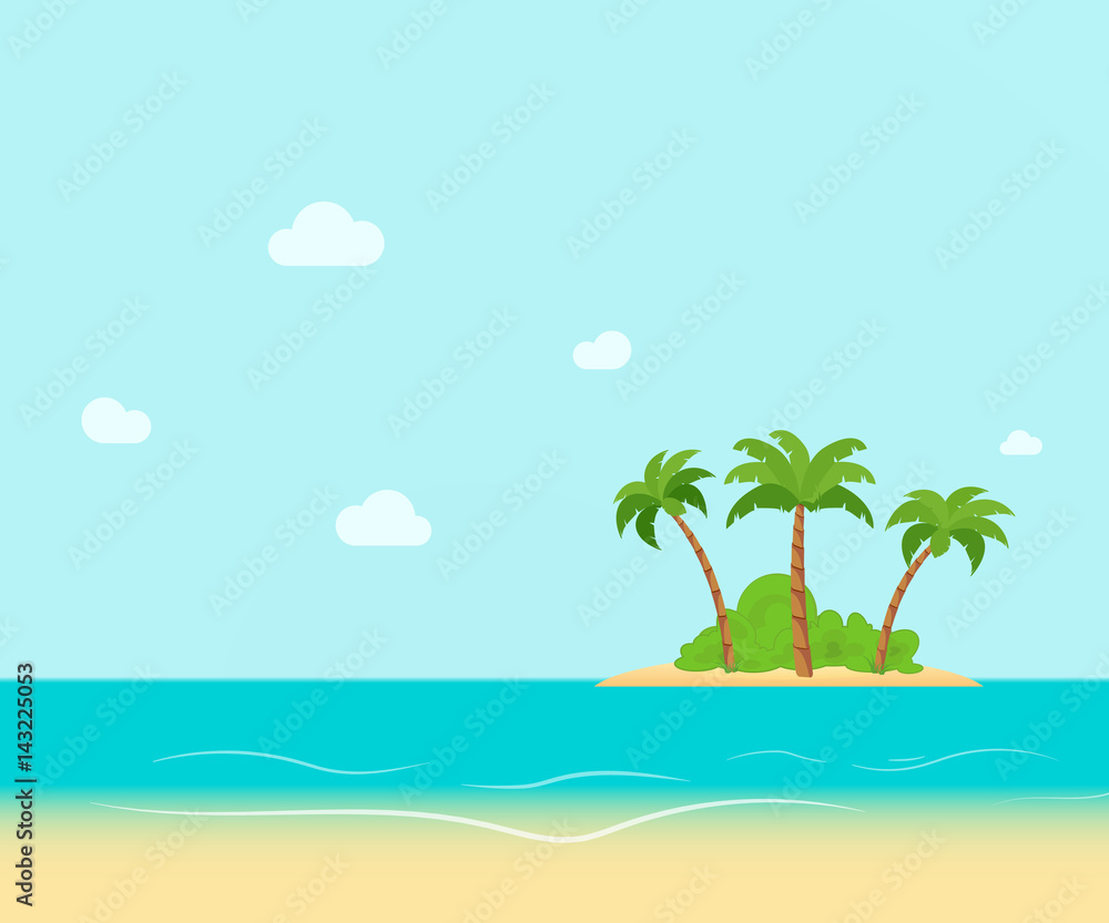 Tropical coast, beach with hang palm trees. View of the Sea, the island green and the sky with large clouds. Flat vector illustration.