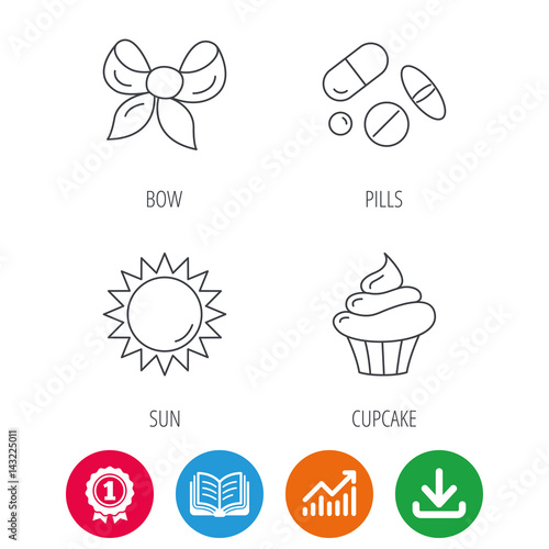 Medical pills, sun and bow-knot icons. Cupcake linear sign. Award medal, growth chart and opened book web icons. Download arrow. Vector