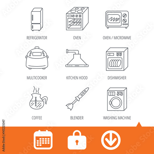 Microwave oven, washing machine and blender icons. Refrigerator fridge, dishwasher and multicooker linear signs. Coffee icon. Download arrow, locker and calendar web icons. Vector