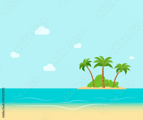 Tropical coast  beach with hang palm trees. View of the Sea  the island green and the sky with large clouds. Flat vector illustration.