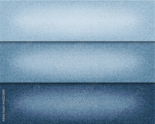 Vector various blue color jeans backgrounds, realistic denim cloth illustration, set of horizontal banners with blue denim texture.