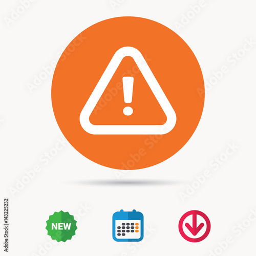 Warning icon. Attention exclamation mark symbol. Calendar, download arrow and new tag signs. Colored flat web icons. Vector