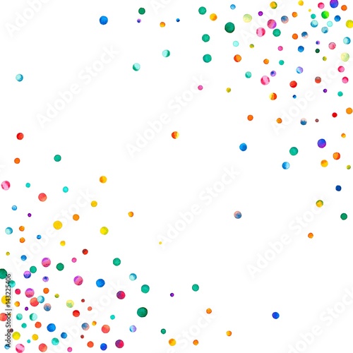 Dense watercolor confetti on white background. Rainbow colored watercolor confetti abstract chaotic mess. Colorful hand painted illustration.