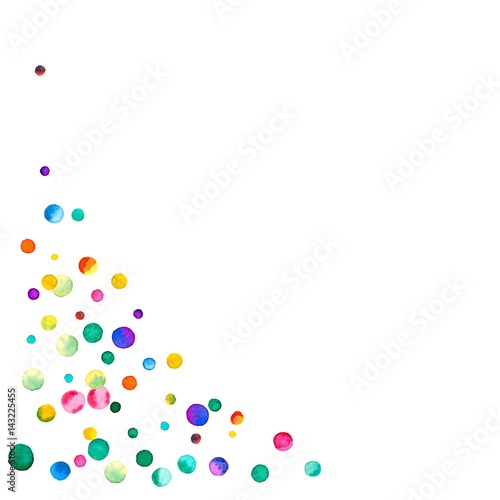 Sparse watercolor confetti on white background. Rainbow colored watercolor confetti bottom left corner. Colorful hand painted illustration.
