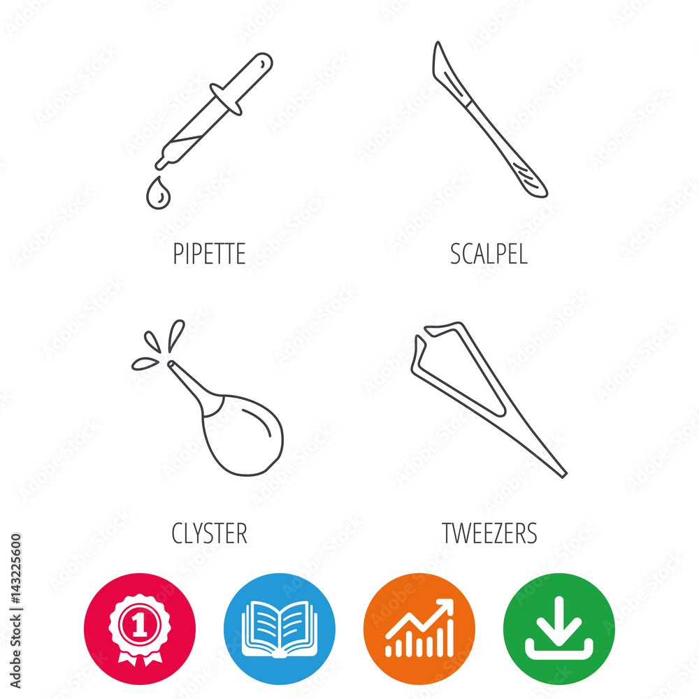 Pipette, medical scalpel and clyster icons. Tweezers linear sign. Award medal, growth chart and opened book web icons. Download arrow. Vector Pipette, medical scalpel and clyster icons. Tweezers linear sign. Award medal, growth chart and opened book web icons. Download arrow. Vector