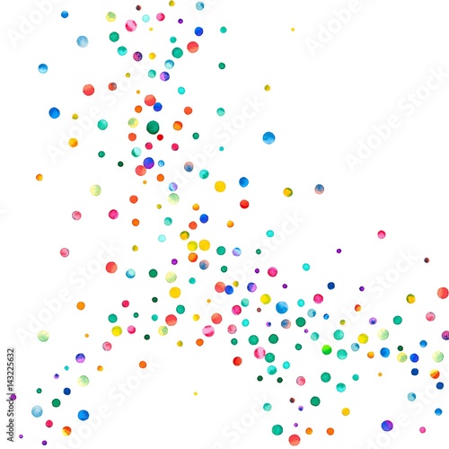 Dense watercolor confetti on white background. Rainbow colored watercolor confetti abstract circles. Colorful hand painted illustration.