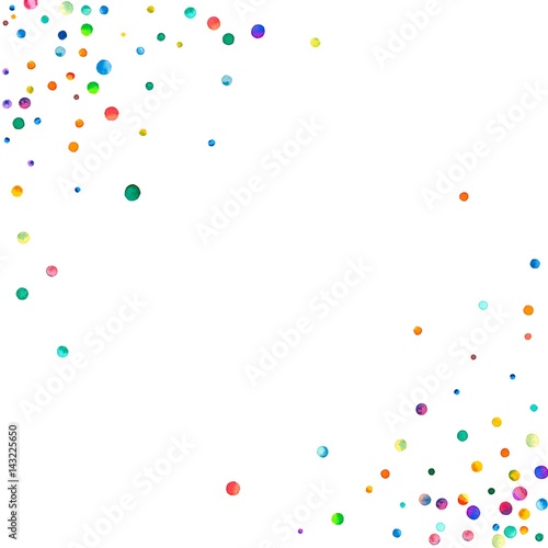 Dense watercolor confetti on white background. Rainbow colored watercolor confetti scatter abstract corners. Colorful hand painted illustration.