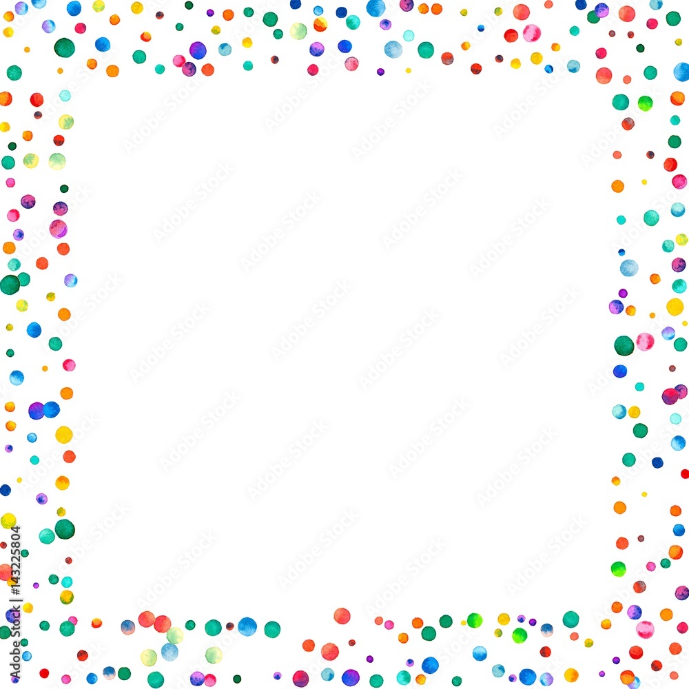 Dense watercolor confetti on white background. Rainbow colored watercolor confetti square scattered border. Colorful hand painted illustration.