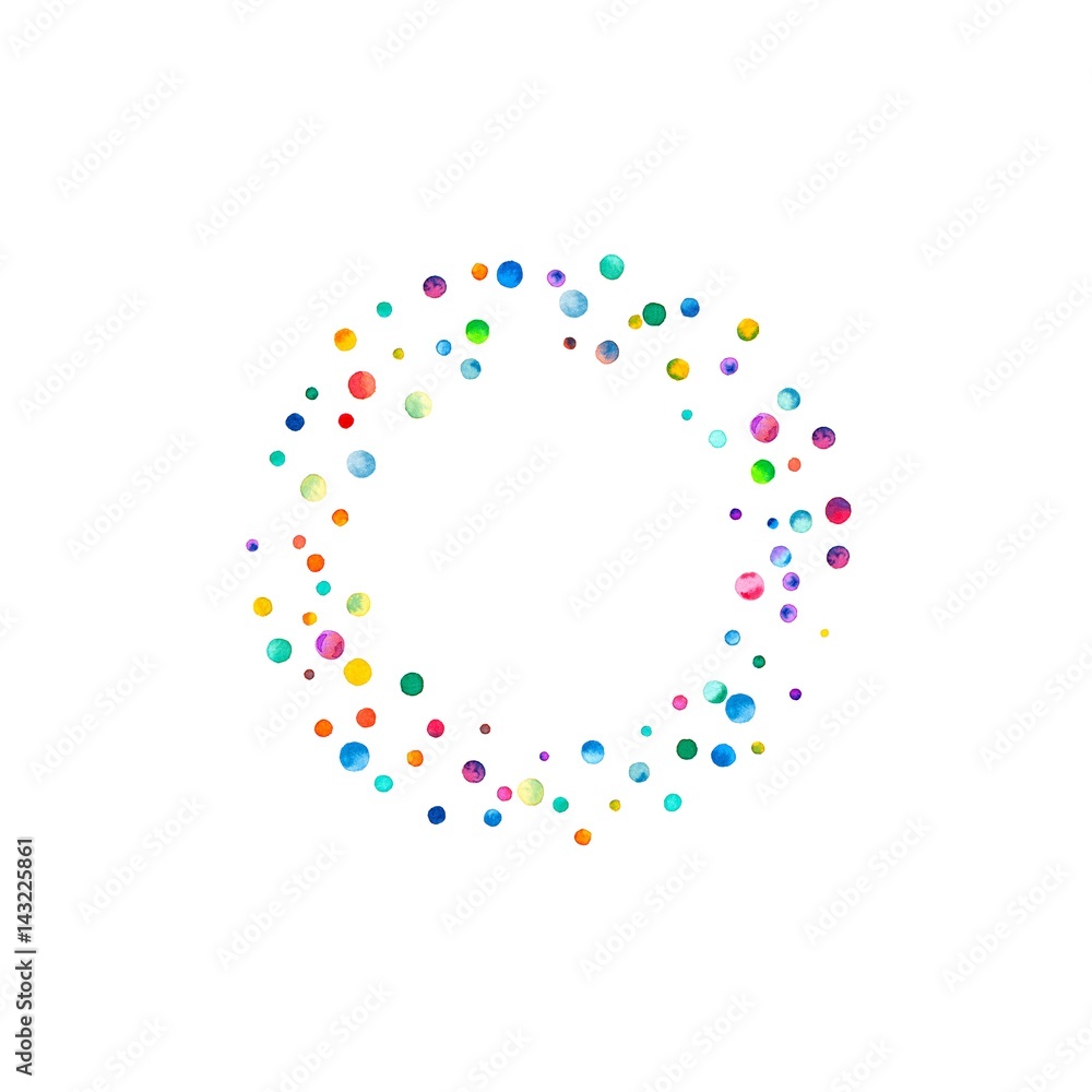 Dense watercolor confetti on white background. Rainbow colored watercolor confetti smal bagel. Colorful hand painted illustration.