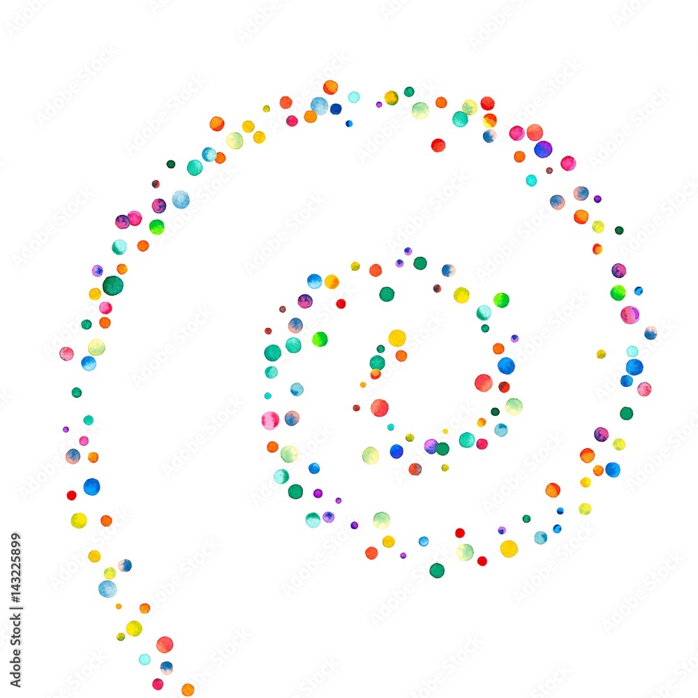 Dense watercolor confetti on white background. Rainbow colored watercolor confetti spiral. Colorful hand painted illustration.
