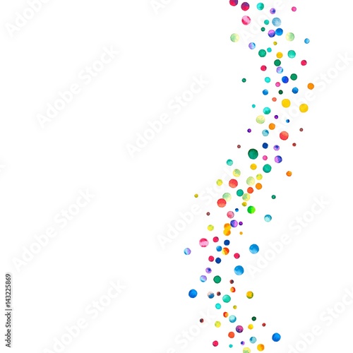 Dense watercolor confetti on white background. Rainbow colored watercolor confetti right wave. Colorful hand painted illustration.