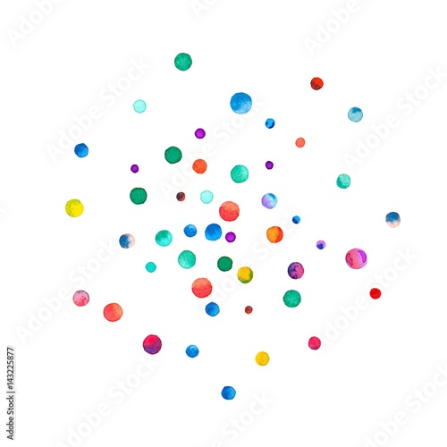 Sparse watercolor confetti on white background. Rainbow colored watercolor confetti double circle. Colorful hand painted illustration.