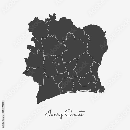 Detailed vector illustration of the Ivory Coast regions, featuring a grey outline on a white background.