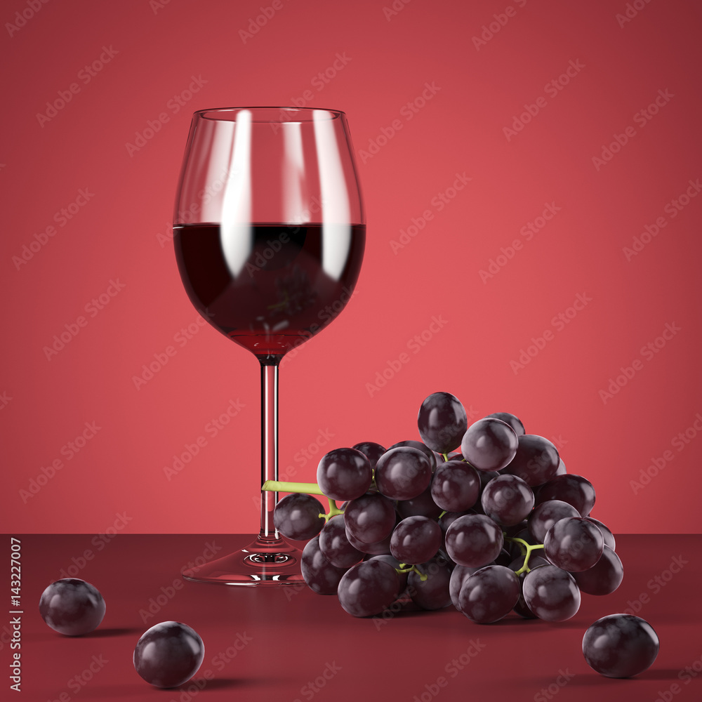 Glass of red wine and fresh grapes. 3d rendering