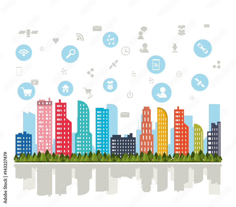 Technology and Internet concept represented by smart city and icon set. Isolated and flat illustration.