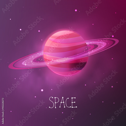 Bright colorful planet with planetary rings. Space vector illustration in modern contemporary design.