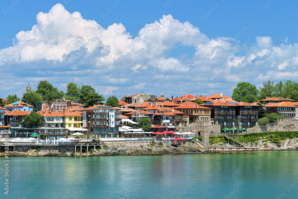 View of Old Town of Sozopol (former ancient town of Apollonia) with Southern Fortress Wall and Tower on the coast of Black Sea in Bulgaria