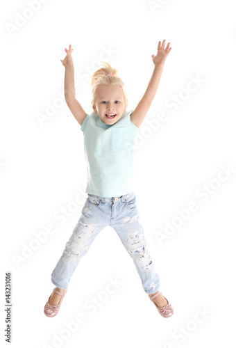 Cute little girl on white b...