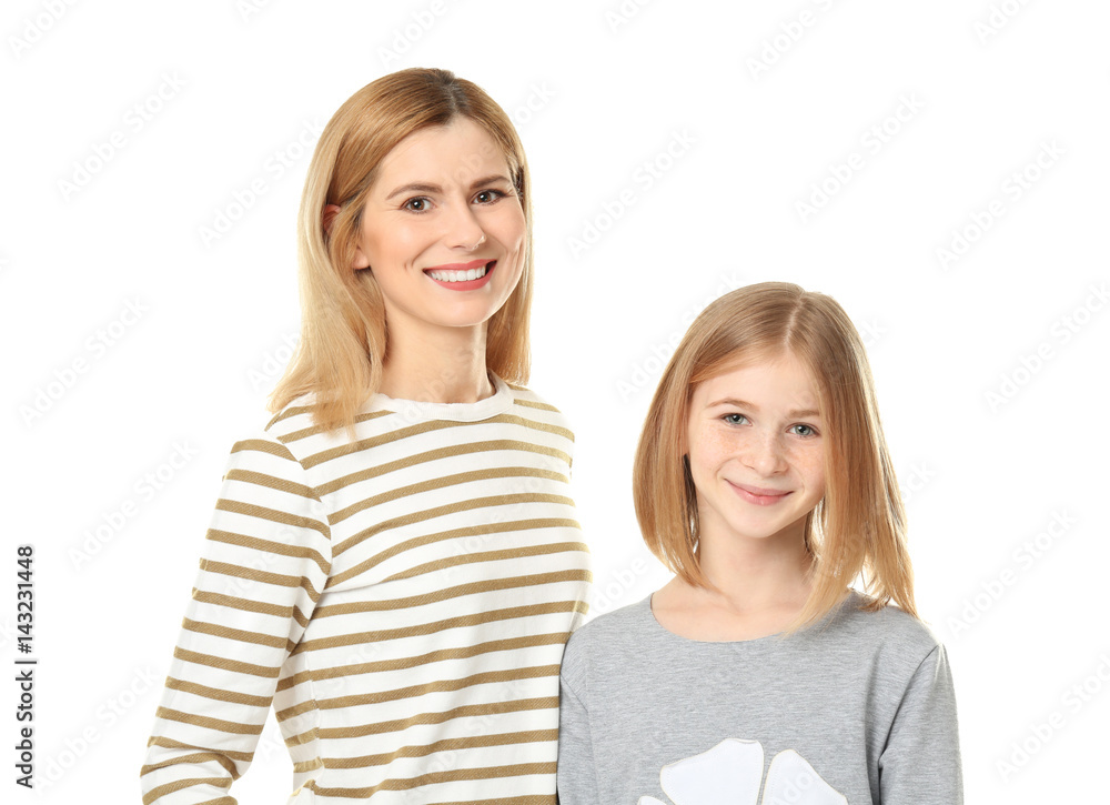 Happy mother and daughter on white background Happy mother and daughter on white background