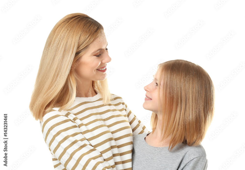 Happy mother and daughter on white background Happy mother and daughter on white background