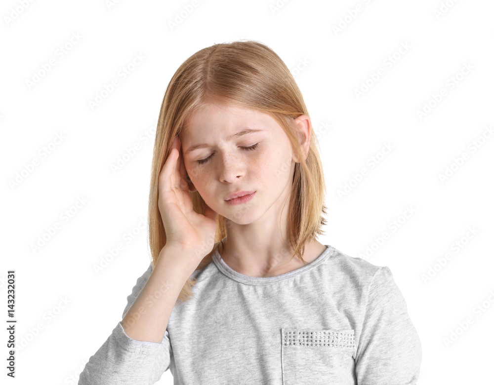 Cute girl suffering from headache on white background Cute girl suffering from headache on white background