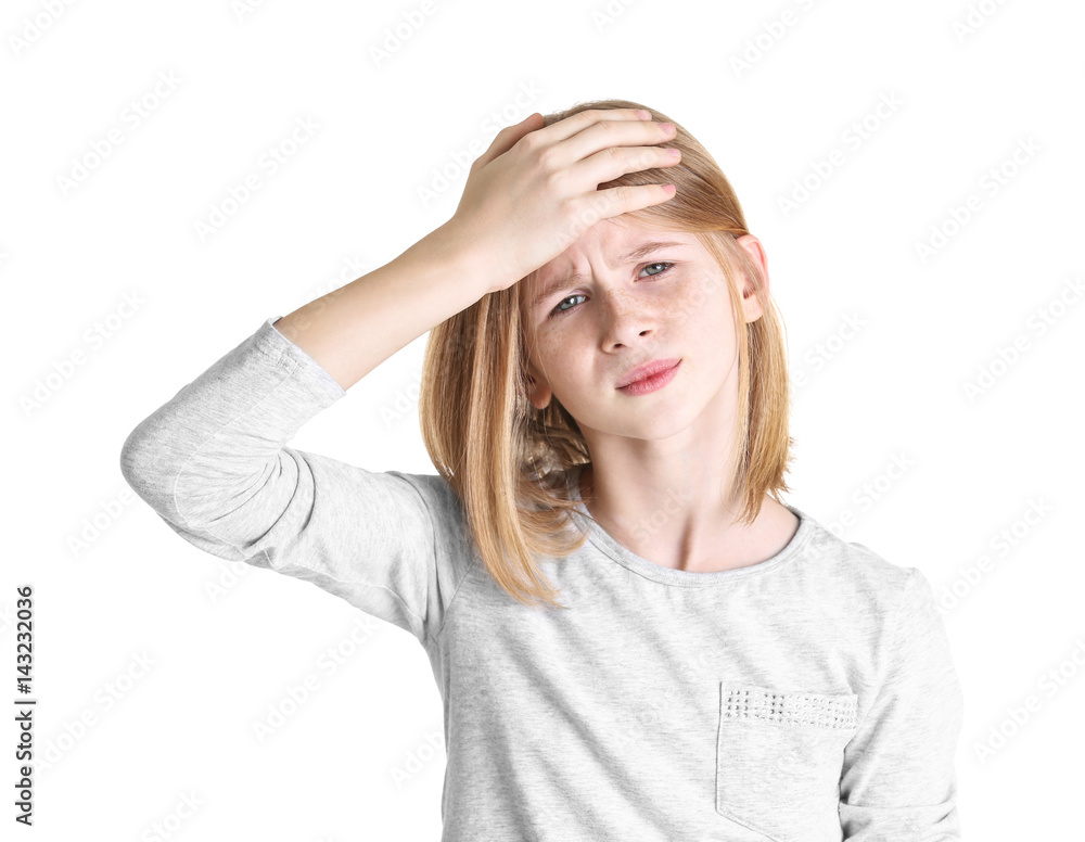 Cute girl suffering from headache on white background Cute girl suffering from headache on white background