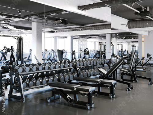 Modern gym with dumbbell set. 3d rendering