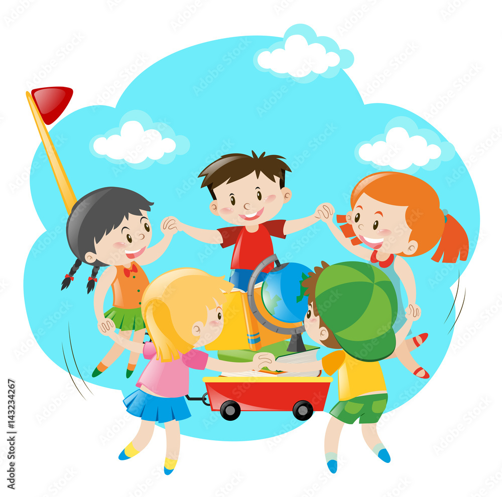 Kids holding hands around the wagon